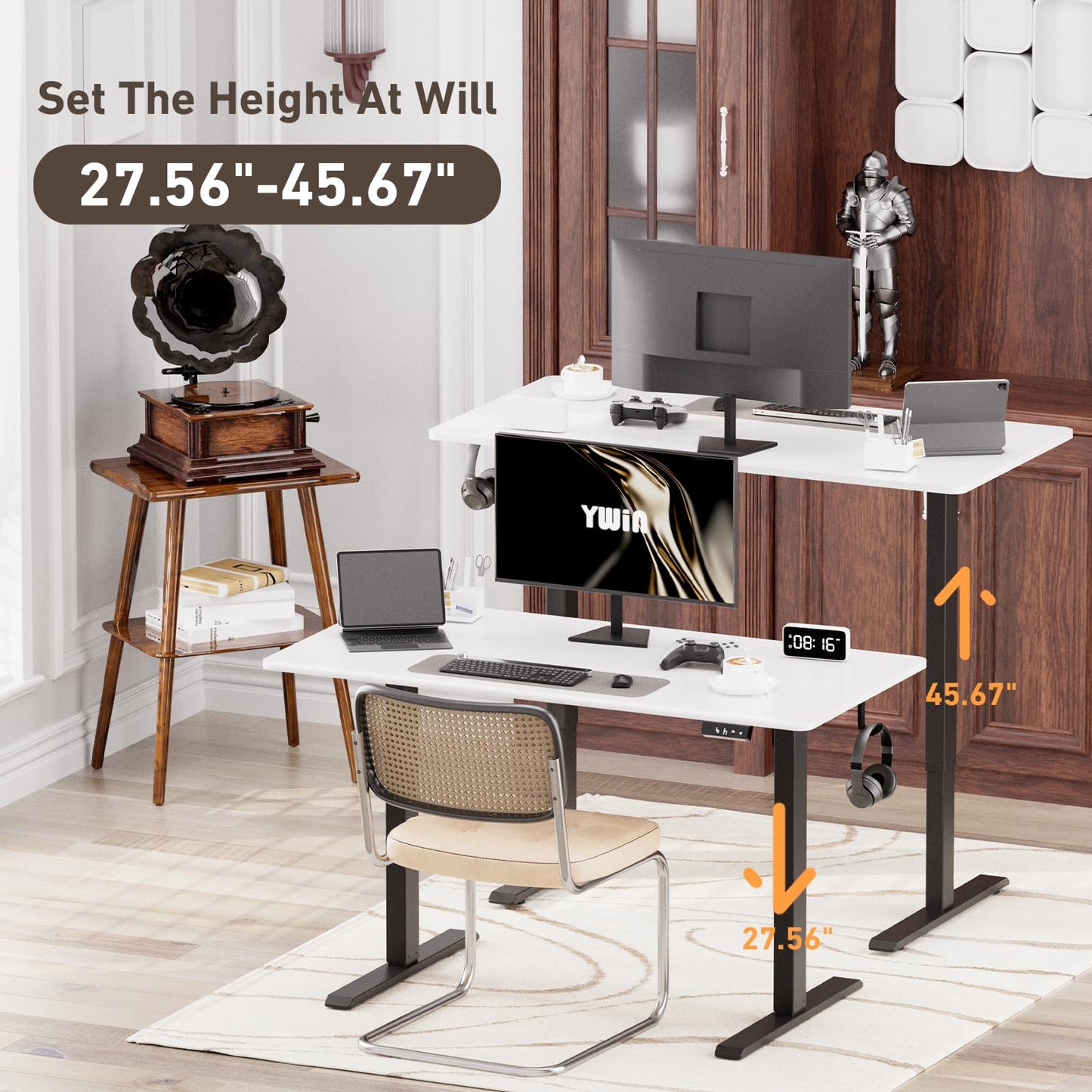 Ywin Electric Height Adjustable Standing Desk with Wheels, 55 x 24 Inches Computer Desk, Home Office Desk, Ergonomic Stand up Desk for Home Office