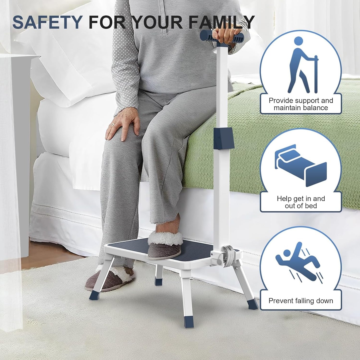 Skiennix Folding Step Stool - Metal Stepping Stool with Adjustable Handrail | 330 Lbs Capacity for Kitchen, Bathroom, Bedroom
