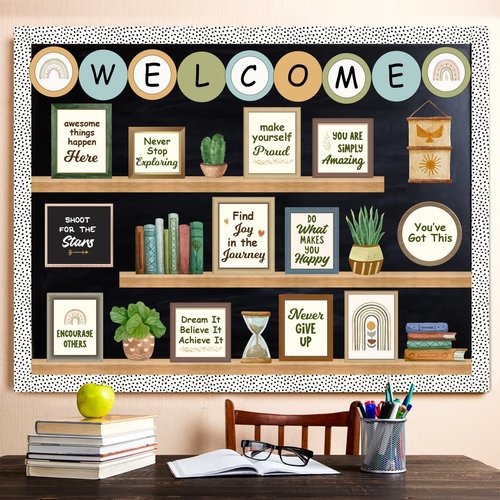 Welcome Back to School Bulletin Board Decorations, Boho Classroom Decor, Greenery Plant Bookshelf Inspirational Affirmation Cutouts for Teacher Welcome School Supplies Classroom Door Wall Decor