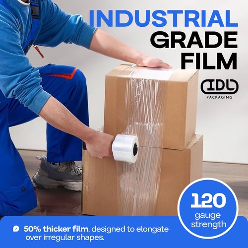 IDL Packaging 3" Stretch Wrap Mini Roll, 700 feet, 120 Gauge (Pack of 4) with a Plastic Handle Included – Industrial Grade Clear Plastic Wrap – Improved Protection for Packing, Moving, or Office