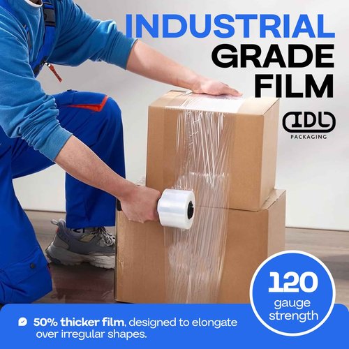 IDL Packaging 3" Stretch Wrap Mini Roll, 700 feet, 120 Gauge (Pack of 12) with a Plastic Handle Included – Industrial Grade Clear Plastic Wrap – Improved Protection for Packing, Moving, or Office
