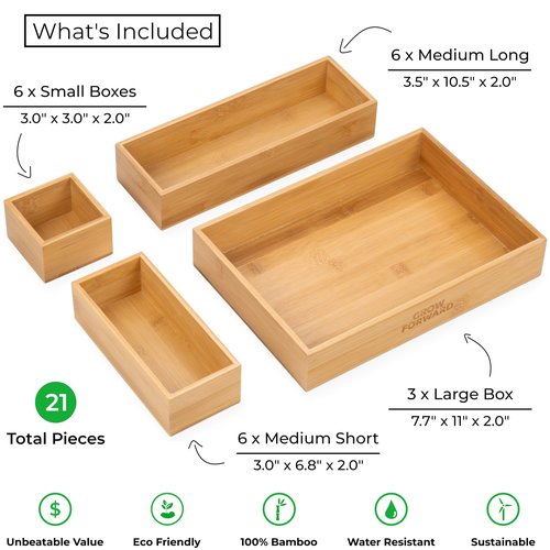 Grow Forward Bamboo Drawer Organizer Boxes - Set of 21 Wooden Drawer Organizers for Kitchen, Bathroom, Office, Desk, Vanity, Makeup - Non-Slip Junk Drawer Organizer Trays for Storage and Organization