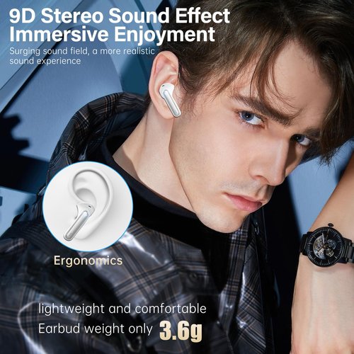 Sisism A10 Pro Wireless Earbuds Bluetooth 5.3 HiFi Stereo, 50H Playback LED Digital Display Earphones, ENC Noise Cancelling Mic, Ergonomic Sport Headphone Headset for Gym/Running/Work - White