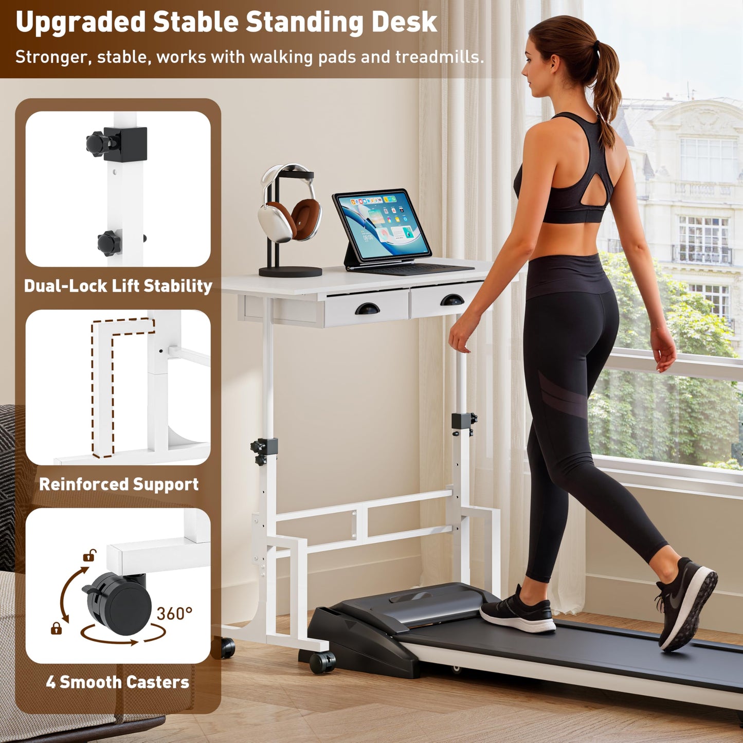 Adjustable Height Standing Desk with 2 Storage Drawers, Mobile Rolling Sit Stand Desk with Lockable Wheels, Stable Height Adjustable 31.5"-43.3" Computer Workstation for Treadmill, Home Office Study
