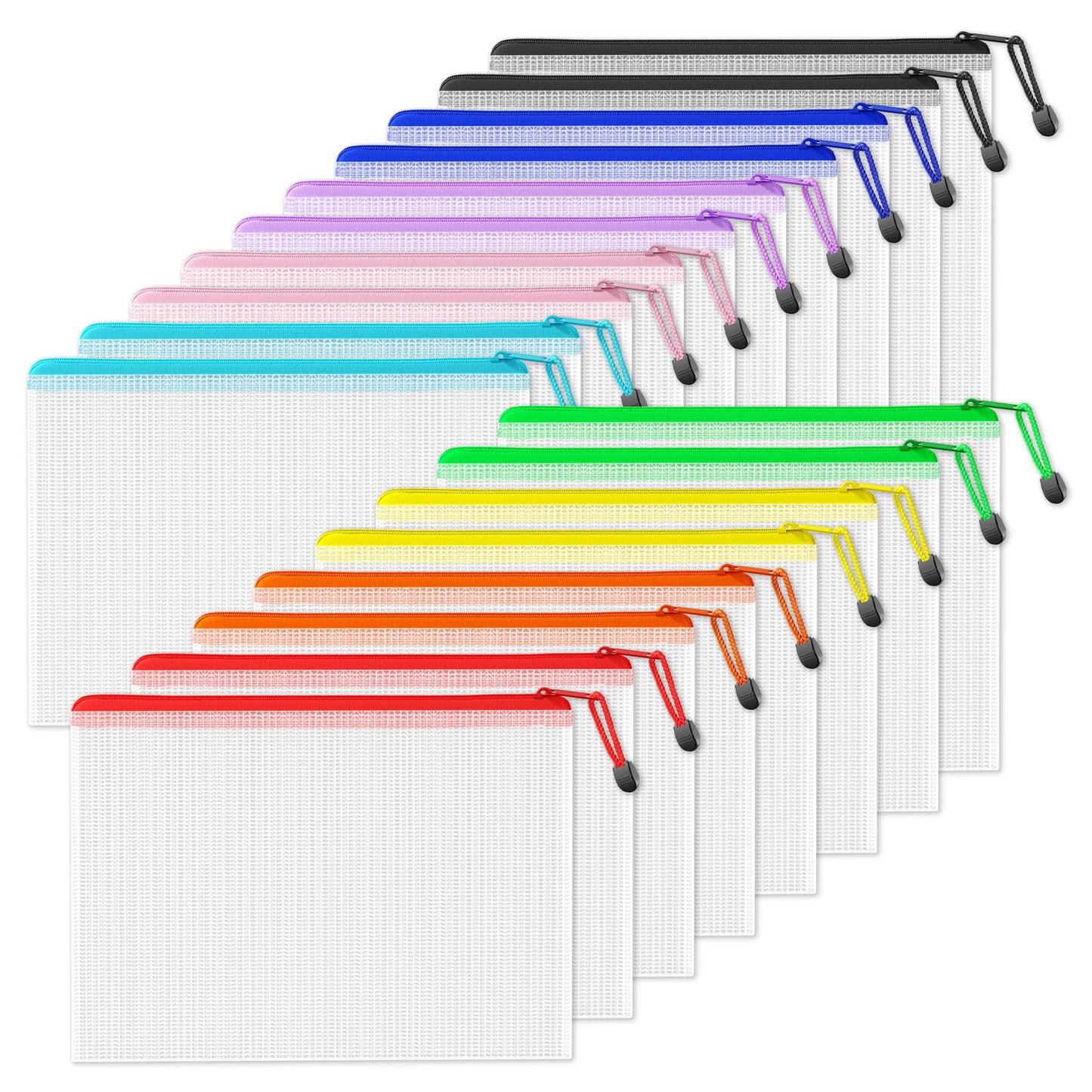 SUNEE Plastic Mesh Zipper Pouch 9.2x12.5 in (9 Colors, 18 Packs),Extra Large Water-Resistant Zip Bag for School Office Supplies, Puzzles & Games Organizing Storage