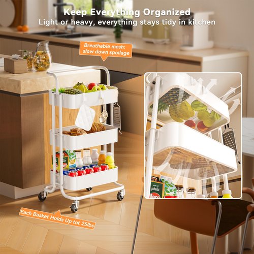 YIPPPPE 3 Tier Rolling Cart, Mobile Office Storage Cart with Handle and Lockable Wheels, Utility Organization with Metal Mesh Shelves for Kitchen Bedroom, White