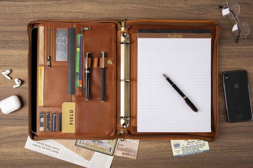 Leather Portfolio, Professional Binder Organizer for Lefty & Righty, 3 Ring Portfolio Personalized Zipper Binder, Leather Padfolio for Men (Brown, Standard)