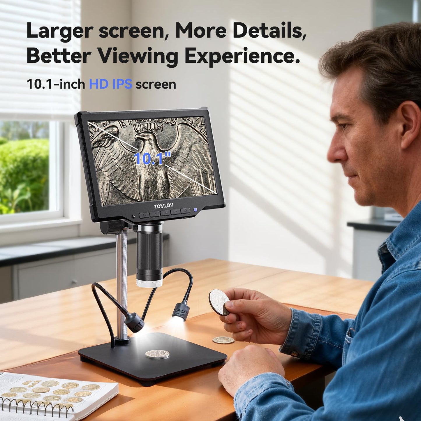 TOMLOV DM10 10.1" Digital Microscope: 1080P 1200X HD IPS Coin Microscope Magnifier for Error Coins with Light, 16MP LCD Soldering Microscopes for Adults with Screen, PC View