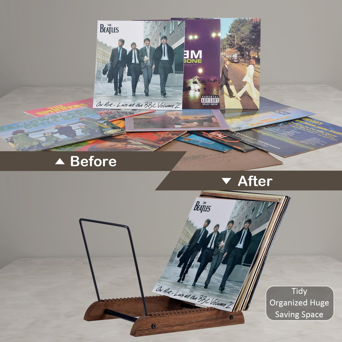 Extra-Large Vinyl Record Storage Holder Modern Album Display Solid Wood Stand with Black Metal Rack Home Decor Organizer for Vinyl Record, Holds up to 75 Albums, 14.2''L x 8.1''W x 10.7''H