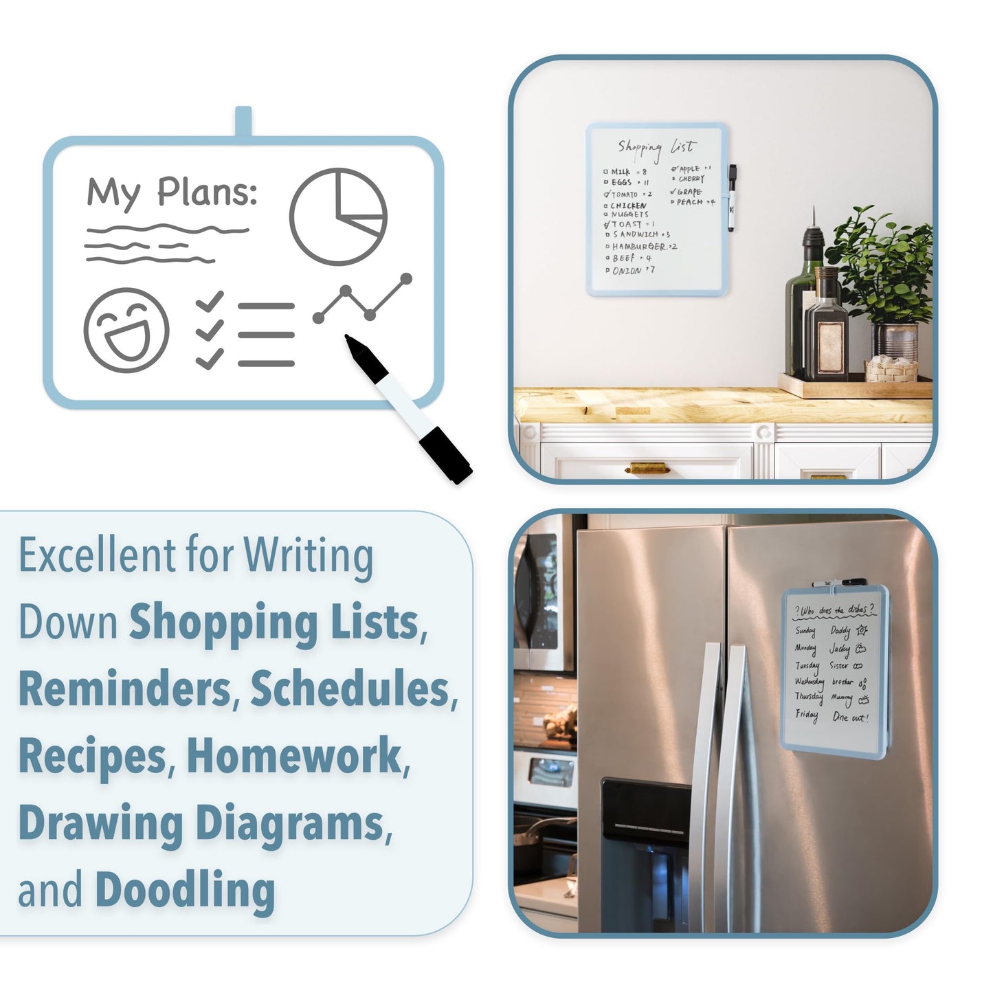 Mr. Pen- Dry Erase Board, 14” x 11” with a Black Dry Erase Marker, Blue Frame, Small Mini White Board for Students, Fridge, Wall, Locker, Includes Double Sided Tapes