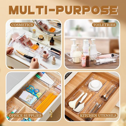 Briwooody 25 Pcs Extendable Clear Drawer Organizer, 3 Size Adjustable Desk Drawer Organizer Acrylic Storage Bins for Makeup, Jewelry Gadgets for Kitchen, Bedroom, Bathroom, Office