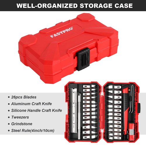 FASTPRO 31-Piece Precision Hobby Knife Set, Craft Knives with 26pcs Blades, Exacto Knife Set Included Tweezers, Grindstone, Steel Ruler and Storage Case, for Art Work, Scrapbooking, Stencil, Modeling