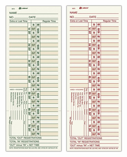 Adams Time Cards, Bi-Weekly, 2-Sided, Overtime Format, 3-3/8" x 9", Manila, Green/Red Print, 200-Count (9675-200)