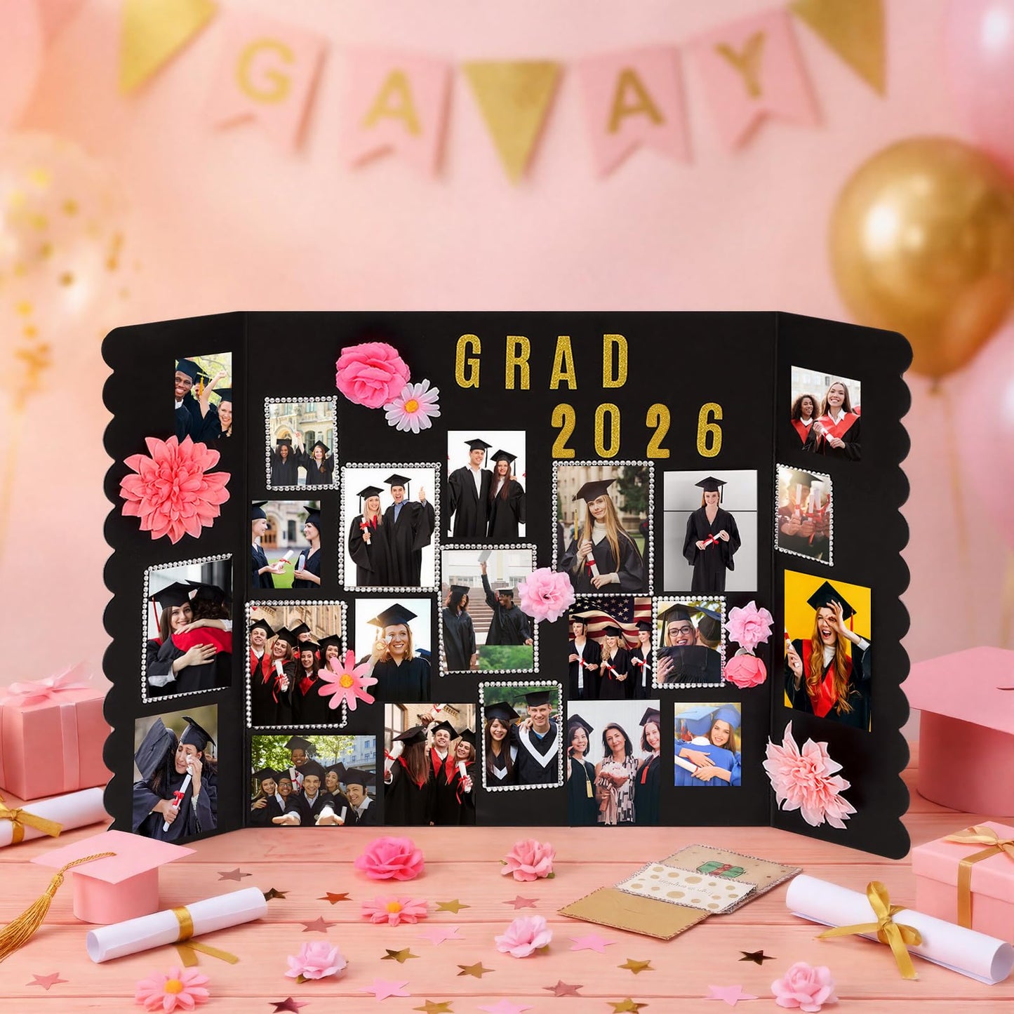Marspark 2 Pack Large Graduation Photo Display Board 31.5 x 19.7 Inches Trifold Poster Board with Artificial Flowers for Class of 2026 Grad Party Picture Display Graduation Photo Frames Table Decor