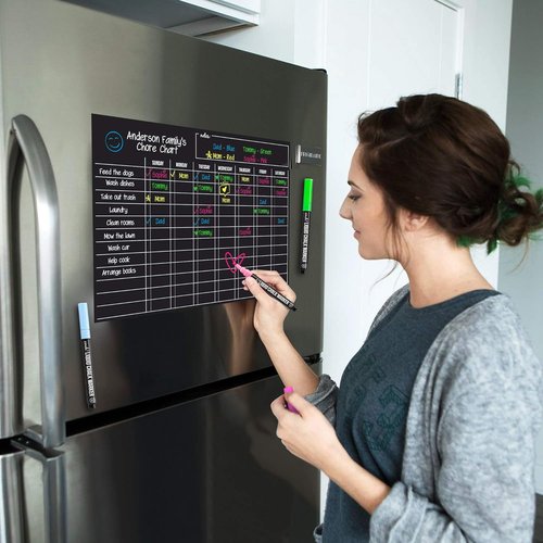 Cinch Magnetic Dry Erase Board - Family Chore Chart with 6 Markers | 17x12 Black Fridge Organizer