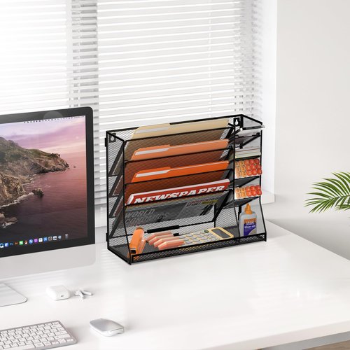 SUPEASY Wall File Organizer, 5-Tier Desk Organizer with 4 Pen Holders, Wall Organizer for Office with R-shaped Bottom Tray, Desk Organizers and Accessories for Office Supplies, Black