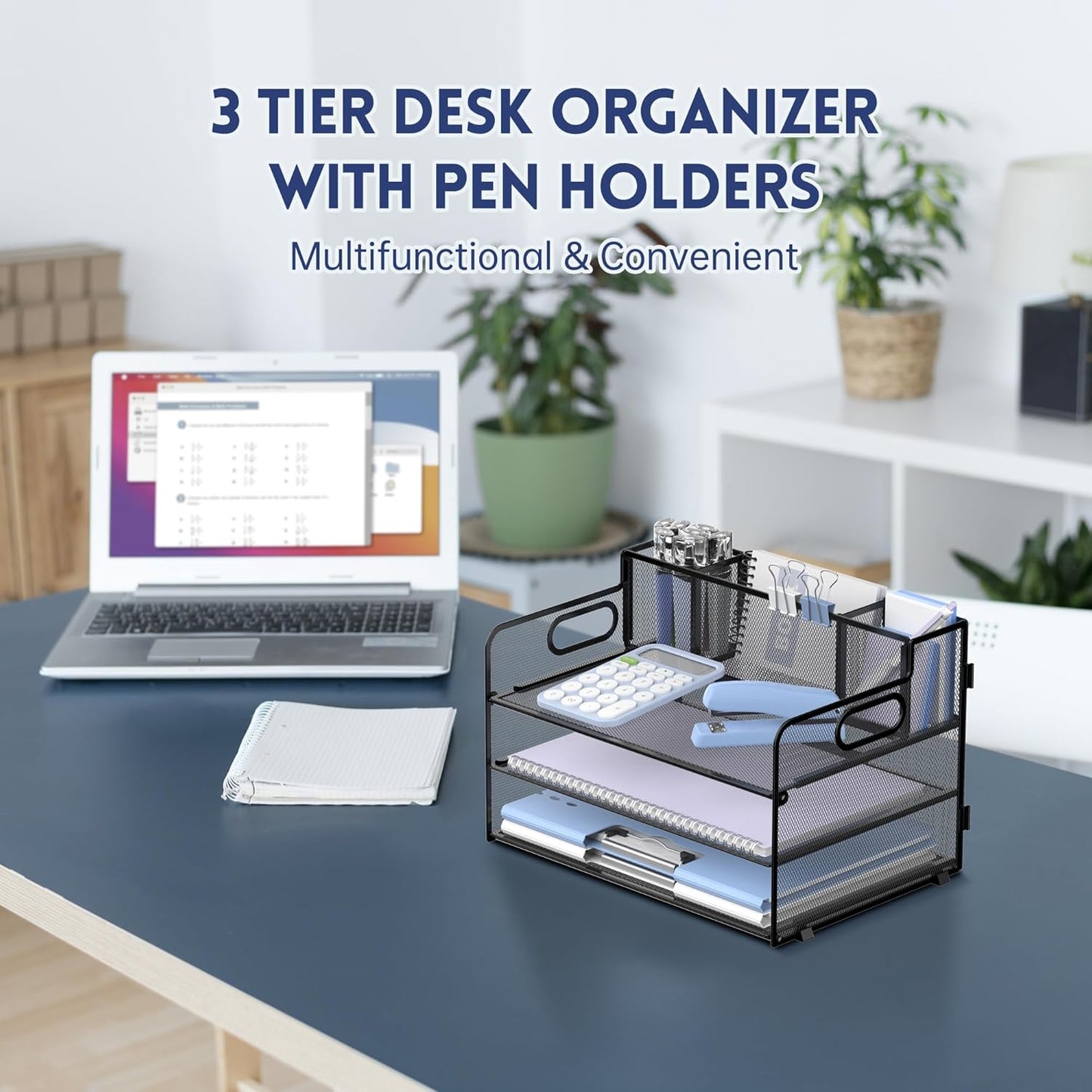 SUPEASY 3-Tier Desk Organizer - Mesh Paper/File Holder with Handle & 3 Pen Holders | Black