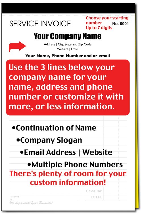 Custom Service Invoice Carbonless Form with Your Company Name - 2 Books (100 Sets) Numbered