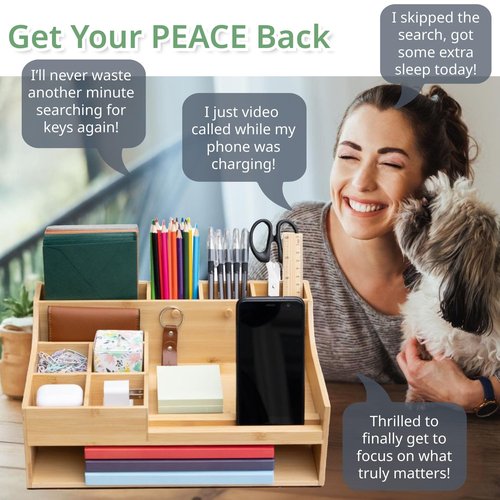 5in1 Bamboo Wood Desk Organizer with Cable Management Spacious Desk Storage & Phone Holder with Key Hooks Home & Office Supply Accessories. No Assembly