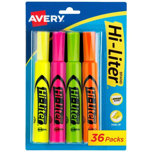 Avery Hi-Liter Desk-Style Highlighters, Smear Safe Ink, Chisel Tip, 4 Assorted Color Highlighters per Pack, 144 Total (36 Packs of 24063)