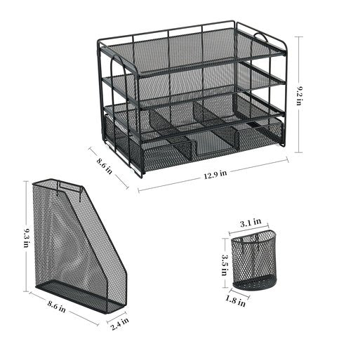 gianotter Desk Organizers and Accessories with File Holder, 4-Tier Desk Accessories & Workspace Organizers with Drawer and 2 Pen Holder, Paper Organizer for Office Supplies (Black)