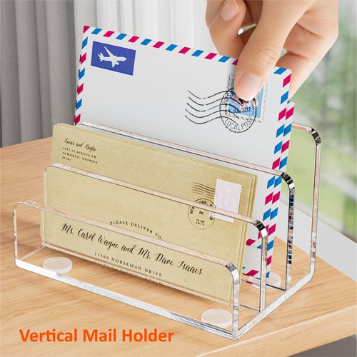 FUCDTEFC Desk Mail Organizer, 3 Section Clear Acrylic File Holder Letter Organizer, Vertical Lightweight Modern Envelope Holder Desk Accessories & Workspace Organizers for Office, Home, School