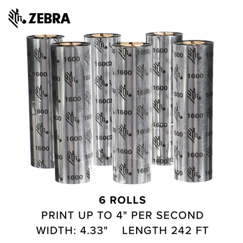 Zebra Standard Black Wax Ribbon for Thermal Transfer Desktop Printers Width 4.33 in Length 242 ft 0.5 in Core Pack of 6 Rolls Compatible with Multiple Models 10031723SP
