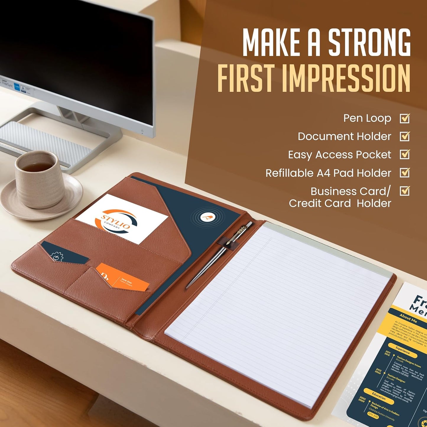 Stylio Padfolio | Elegant Tan Portfolio Organizer with Letter-Sized Notepad & Business Card Holder
