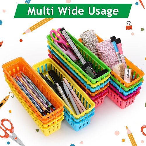 Vyndicca Pencil Organizer Tray - 24 Pack Plastic Classroom Pencil Holder, Small Trays, Colorful Crayon Storage for Classroom & Office, 9.3 L x 2.2 W x 2.4 H