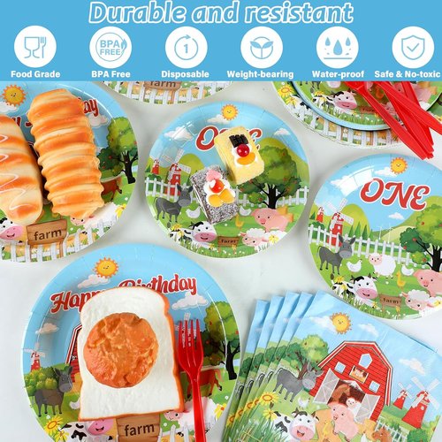 Gisgfim Farm Animals Birthday Party Supplies - 96Pcs Barnyard Tableware Set for 24 Guests