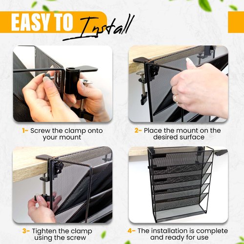 DESKORGA file organizer, TO BE FIXED WITHOUT DRILLING, A4 document holder and office supplies, storage, wall magazine holder, desk storage bannette, desk accessories (Black)