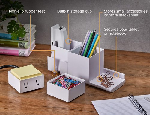 Bostitch Office Konnect Desk Organizer and Charging Station, 2 USB Ports, 2 Plugs, Charges Phones Tablets, Pencil Cup, 4-Piece Design, White
