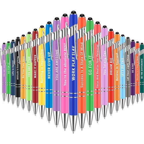 Lounsweer 100 Pieces Inspirational Ballpoint Pens with Motivational Messages, 20 Colors, 1mm Black Ink, Stylus Tip, Fun and Encouraging Gifts for Teachers, Students, Office and School Supplies