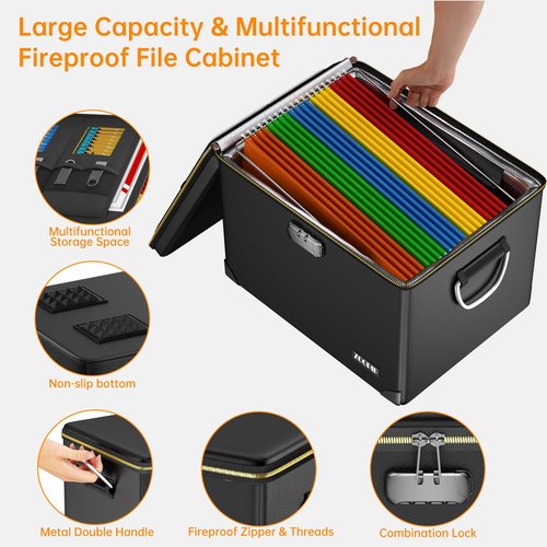ZOOPIP Fireproof Document Box,Hard Case File Organizer with Fireproof Zipper&Threads,Non-Foldable Filing Cabinet with Lock, Portable Office Safe Box Storage for Hanging Letter Folder,Valuables,Black
