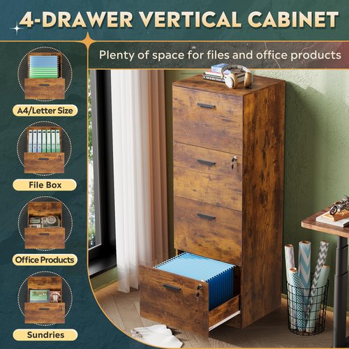 DEVAISE 4 Drawer File Cabinet with Lock, Vertical Filing Cabinet for A4/Letter Size Files, Wood Storage Organizer for Home Office, Rustic Brown