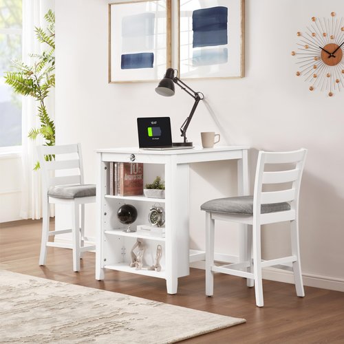 FLEXISPOT Bar Height Dining Table Set with Charging Station & 3-Tier Adjustable Storage, Space-Saving 3 Piece Counter Height Kitchen Table and Chairs Set, Grey Finish (1 Table 36" + 2 Chairs), White