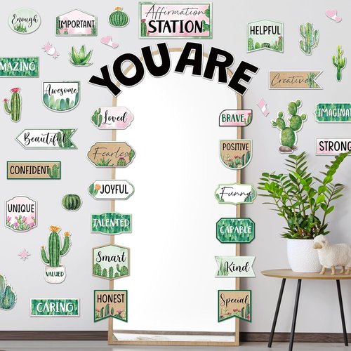 Skiennix 45-Piece Cactus Affirmation Station Set - Motivational Posters & Cutouts for Classroom Decor