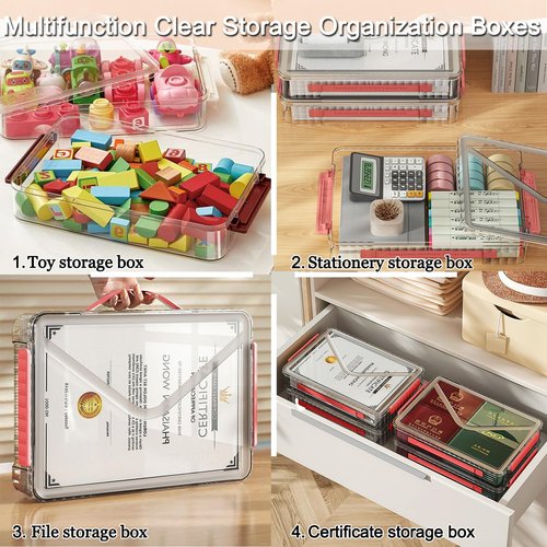 Lemical Clear File Box with Lids Portable Project Case for Storage A4 File Folder Box Stackable Storage Containers for Organizing 8.5 X 11 Paper, Magazines, Stamps, Photos, Cards (Red)
