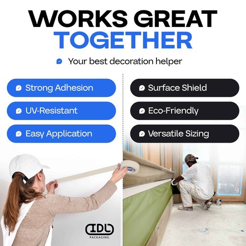 IDL Packaging Premium Masking Kit - 18" x 60 Yards Green Masking Paper (4 Rolls) and 1.41" x 60 Yards White Tape (4 Rolls) - Masking Set to Protect Surfaces - Great for Automotive Industry