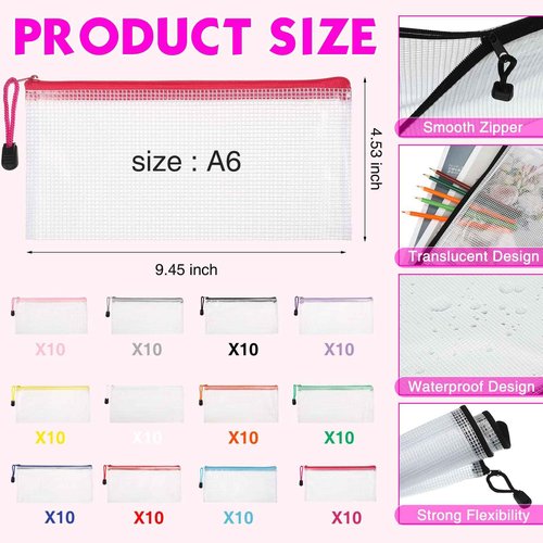 Sherr 120 Pcs Mesh Zipper Pouch Bulk Pencil Pouches 9.45'' x 4.53'' Small Clear Mesh Bags with Zipper A6 Waterproof File Bag Pencil Case for School Office Travel Organization(White)