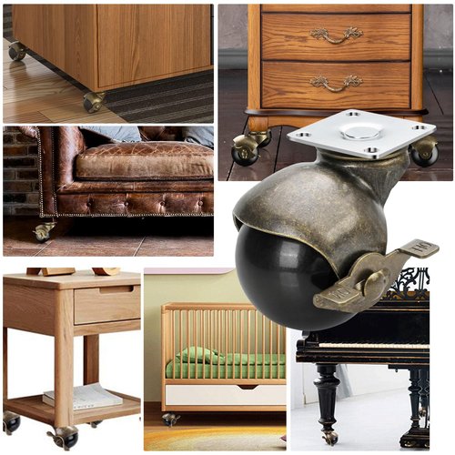 2 Inch Antique Brass Ball Casters with Brake - Set of 4 Heavy-Duty Swivel Plate Casters, Vintage Furniture Wheels for Sofa, Cabinet, Kitchen Cart