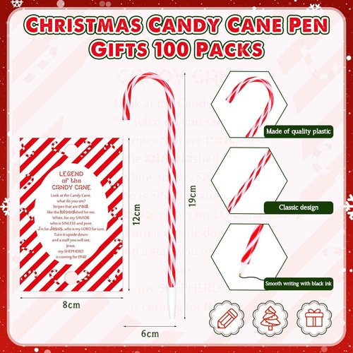 Qilery 100 Sets Christmas Candy Cane Pens Favors Christian Pens with Legend of Candy Cane Cards Xmas Jesus Ballpoint Pens with Black Ink Church Sunday School Supplies Party Gifts