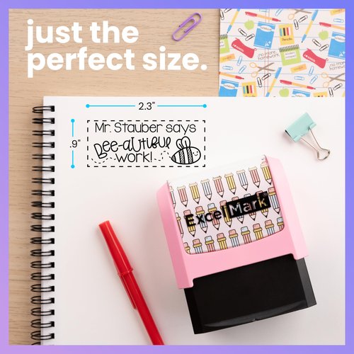 ExcelMark Personalized Teacher Stamps for Classroom - Custom Stamps for Grading - Puns of Praise with 12 Stylish Mount Patterns (Pink Mount, Bee-autiful Work)