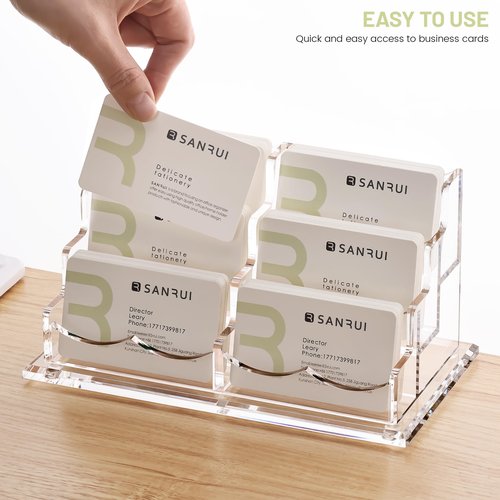 Acrylic Business Card Holder for Desk, Clear Display Stand with 6 Slots, 3-Tier Horizontal Name Card Stands, Office Desk Organizer for Women & Men , Holds 50 Cards Each Pocket