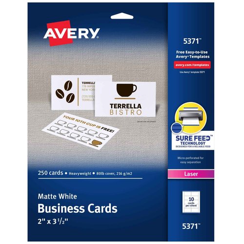Avery Printable Business Cards with Sure Feed Technology, 2" x 3.5", White, 250 per Pack, 5 Packs, Total of 1,250 Blank Cards for Laser Printers (5371)