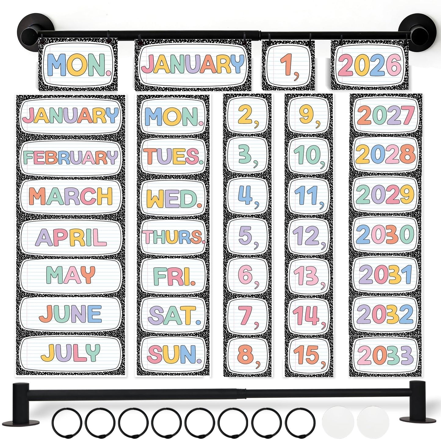 Magnetic Calendar Bulletin Board Set Flip Calendar with Magnetic Adjustable Holder Composition Classroom Decoration with 60 Date Cards for School Home Office Decor Supplies 2026 (Composition Notebook)