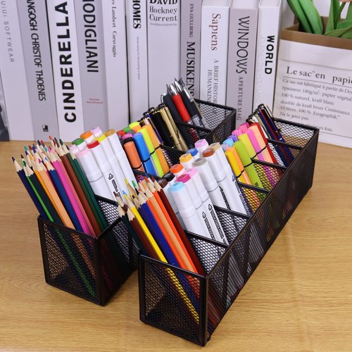 Flytreal Black Mesh Pen Pencil Holder, Small Metal Desk Organizer Desktop Stationery Office Supplies Acessories Storage Stand, 5 Compartments Brushes Holder for Home School Classroom Teachers