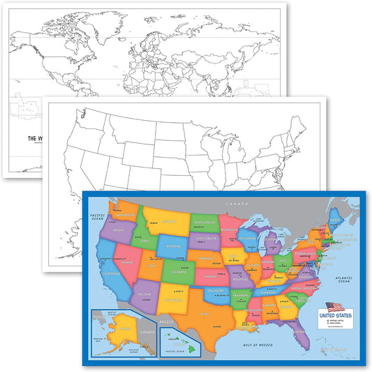 USA & World Map Blank Outline Posters by [Brand Name] - Laminated, 18" x 29" for Kids | Simplified USA Map