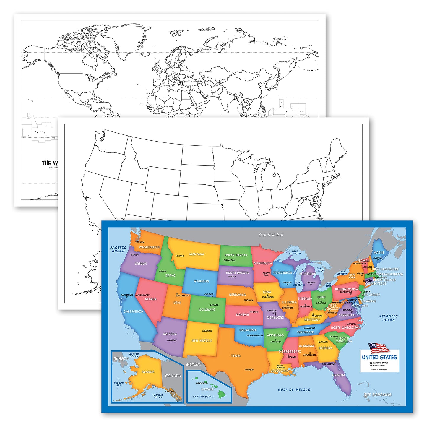 3 Pack - USA & World Map Blank Outline Posters + Simplified USA Map for Kids [Blank] - LAMINATED, 18" x 29" (For Use With Wet Erase Markers)