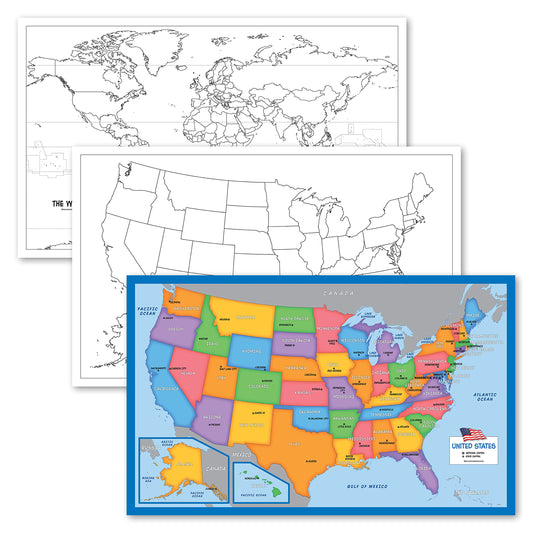 3 Pack - USA & World Map Blank Outline Posters + Simplified USA Map for Kids [Blank] - LAMINATED, 18" x 29" (For Use With Wet Erase Markers)